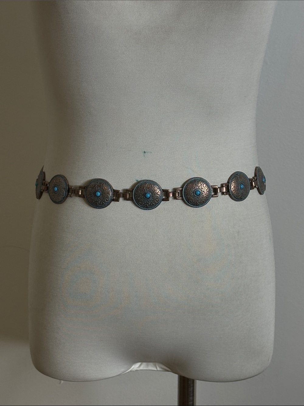 Vintage Coppery Gold Tone Etched Faux Turquoise Chain Metal Belt